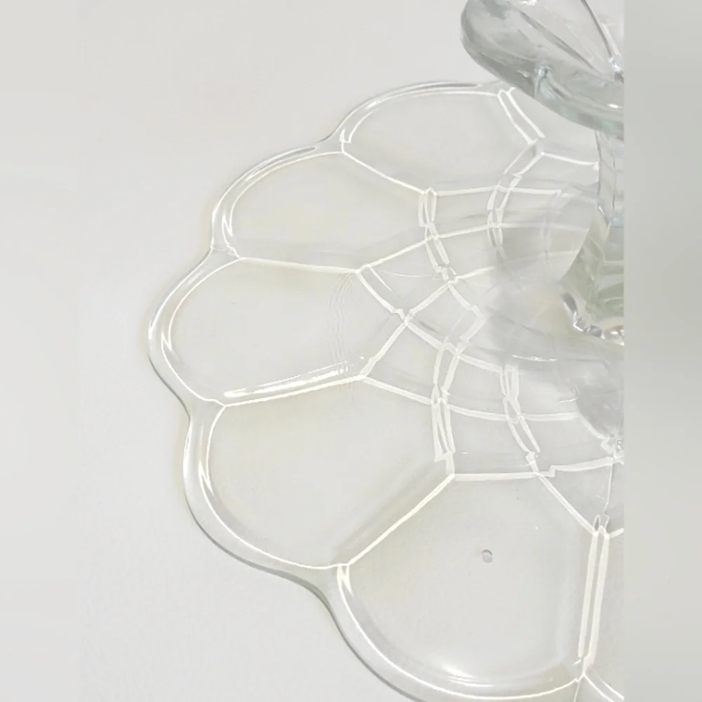 Vintage Pedestal Cake Stand L E Smith Dominion Clear Glass Scalloped Edge Design